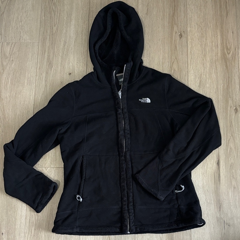 North Face Black Fleece Woman Jacket Furry Trimed Hooded Coat Hike Outdoor